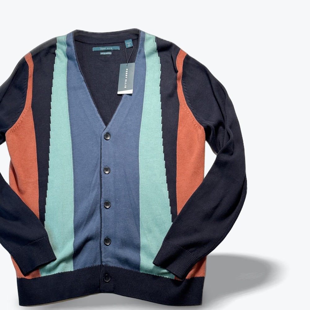 Perry Ellis Cardigan Sweater Mens Medium Navy Blue Teal Orange Colorblock Medium